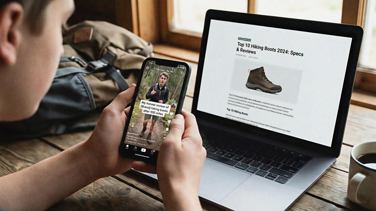 A person holding a smartphone showing a high-energy TikTok video review of hiking boots titled "My honest review after 100 miles," positioned in front of a laptop displaying a traditional, text-heavy SEO blog post titled "Top 10 Hiking Boots 2024: Specs & Reviews". The composition illustrates the visual and personal appeal of short-form video content over static, long-form articles
