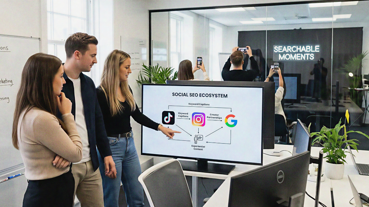 Three professionals in a modern office looking at a screen displaying a "SOCIAL SEO ECOSYSTEM" diagram. The diagram shows the interconnected relationship between TikTok, Instagram, and Google, linked by "Keyword Captions," "Creator Partnerships," and "Experiential Content". In the background, a neon sign reads "SEARCHABLE MOMENTS"