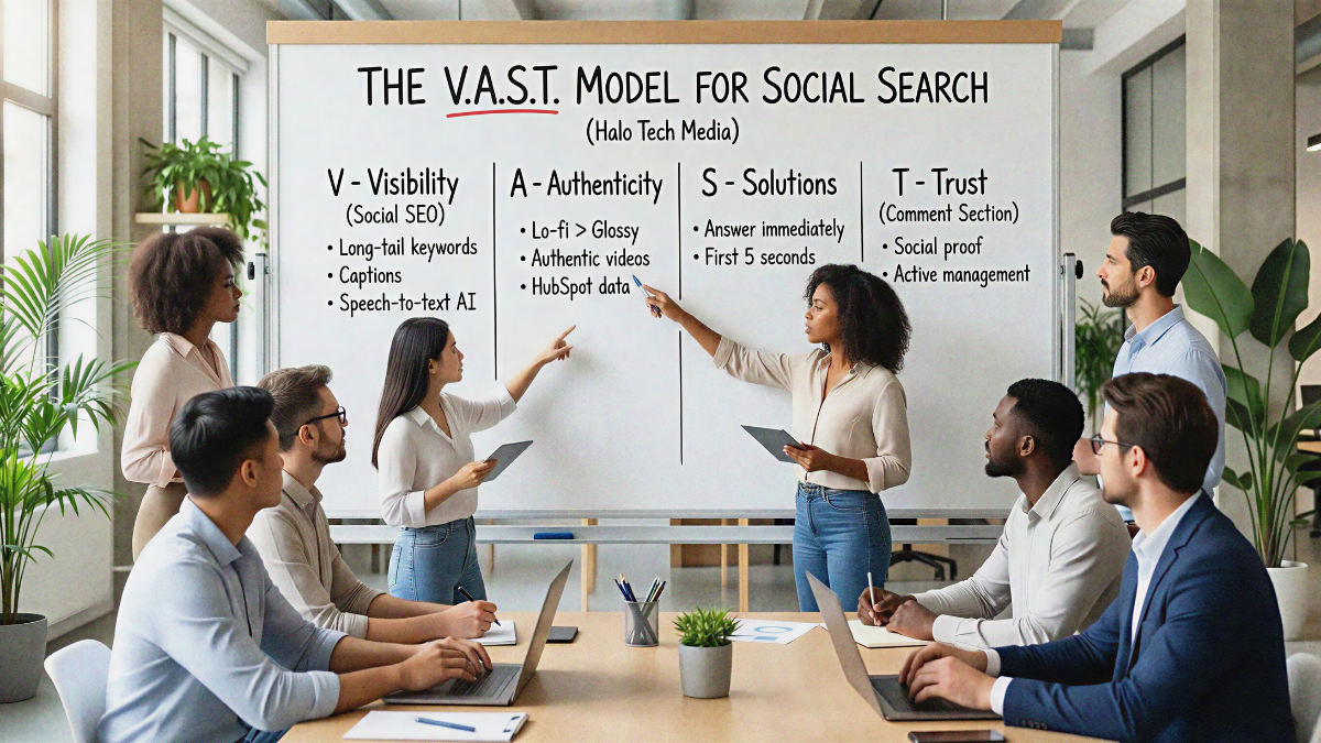 A team meeting centered around a whiteboard presenting "THE V.A.S.T. MODEL FOR SOCIAL SEARCH" by Halo Tech Media. The model breaks down into Visibility (Social SEO and long-tail keywords), Authenticity (Lo-fi over glossy videos), Solutions (answering questions in the first 5 seconds), and Trust (social proof in the comment section)