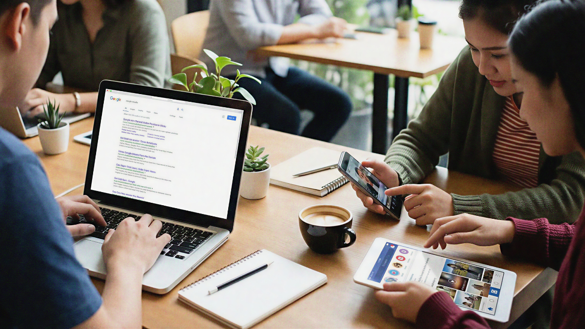 A busy café setting where one person works on a laptop showing Google search results, while others nearby are focused on a smartphone and tablet displaying vibrant, short-form video content. This visualizes the shift in user attention from traditional text-based SEO results to engaging social media video platforms like TikTok.
