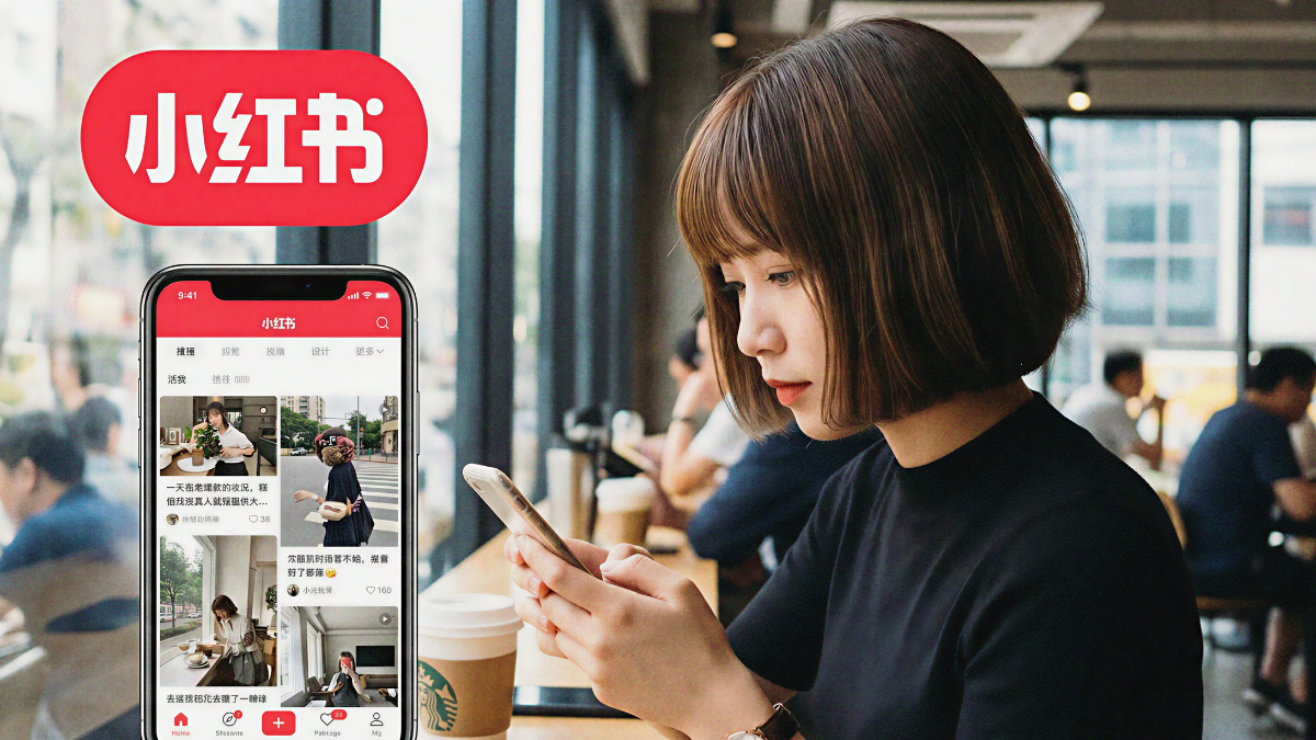 A young woman using a smartphone in a cafe, featuring the Xiaohongshu (Little Red Book) app interface and logo. The image represents a user engaging with viral content, ideal for a deep dive into the Xiaohongshu recommendation algorithm.