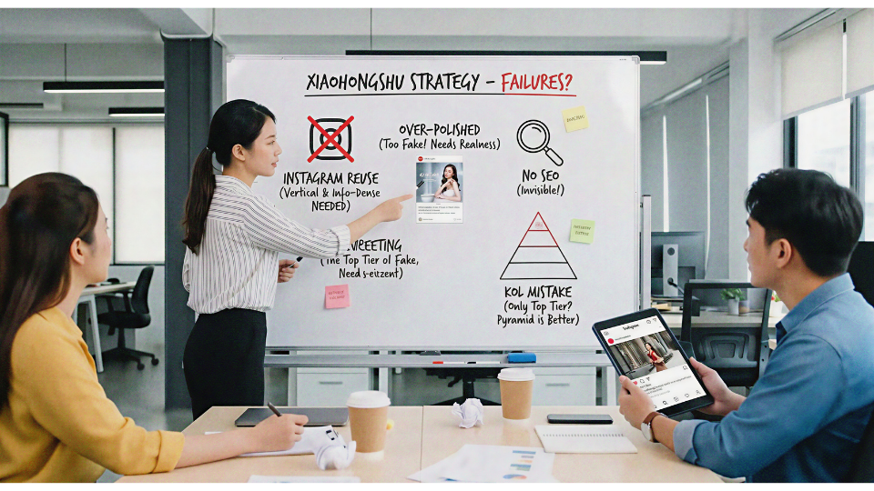 A marketing team analyzing Xiaohongshu's algorithm requirements on a whiteboard. Key viral factors shown include the need for vertical info-dense content over Instagram reposts, the importance of SEO keywords, and a pyramid-style KOL (Key Opinion Leader) strategy for better platform visibility.