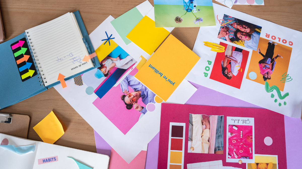 Brand Authenticity represented by a colorful mood board and brand identity concepts