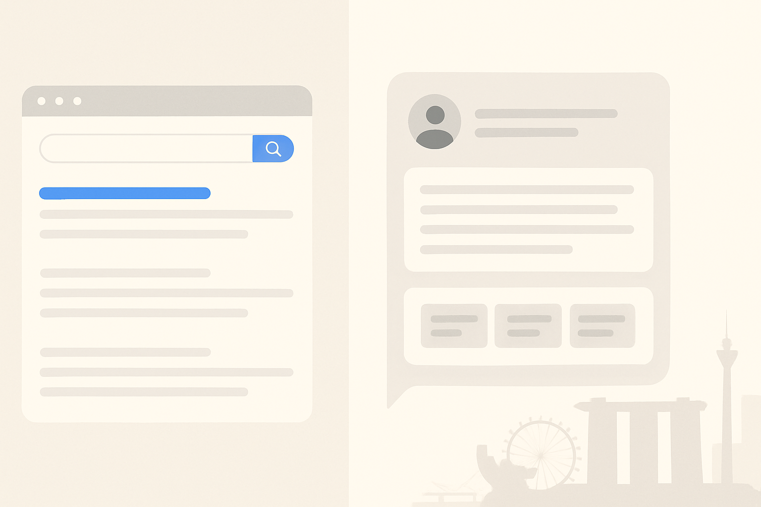 Comparison of classic search results and an AI-generated answer with source citations