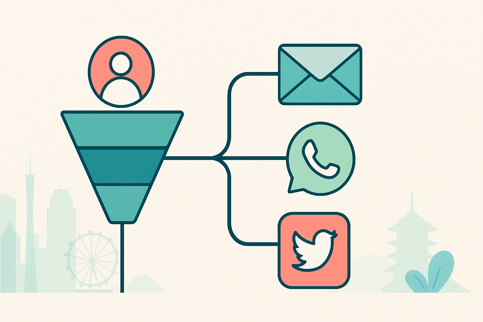 Diagram of an automated multi-channel customer journey in marketing automation