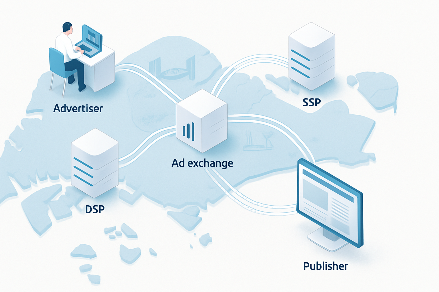 Diagram of the programmatic advertising ecosystem connecting advertisers, DSPs, ad exchanges, SSPs and publishers in Singapore
