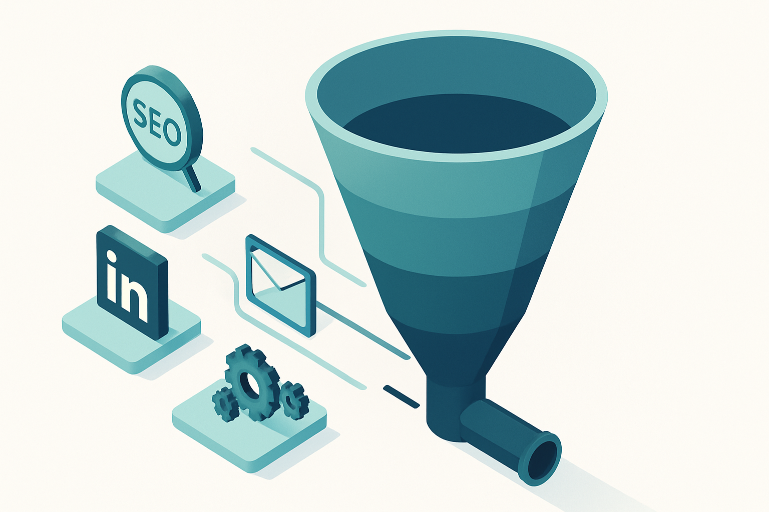 Full-funnel B2B digital marketing model showing SEO, LinkedIn, email and automation channels