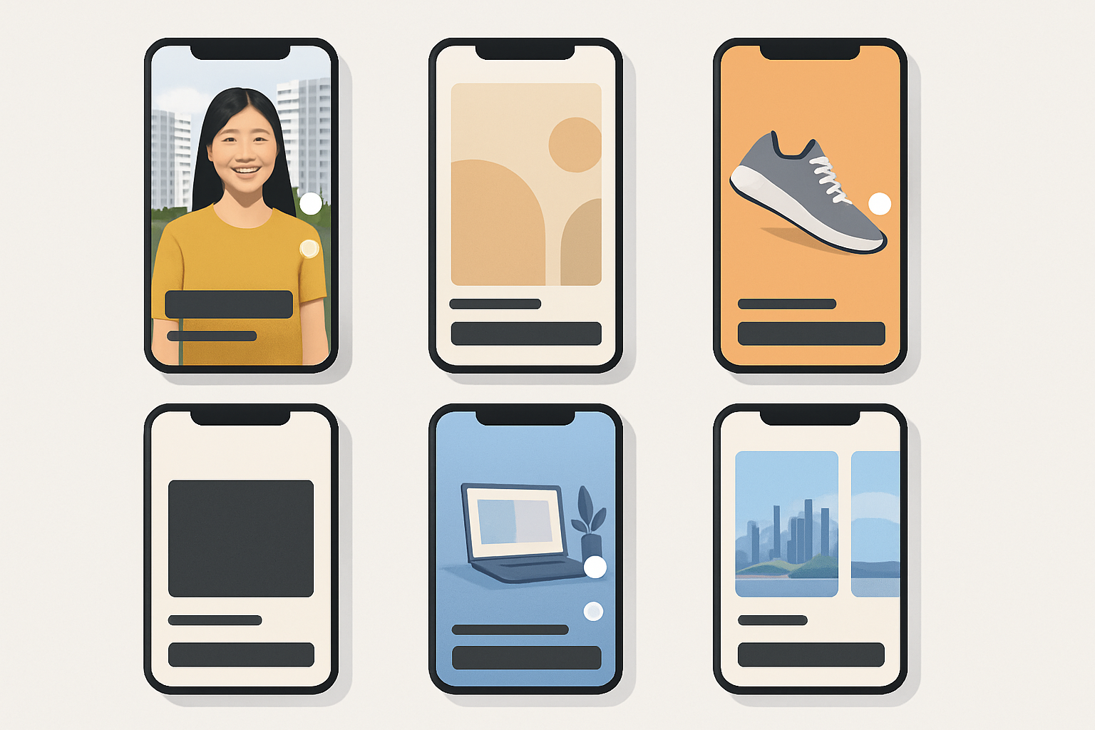 Grid showing six different TikTok ad formats displayed on vertical smartphone screens