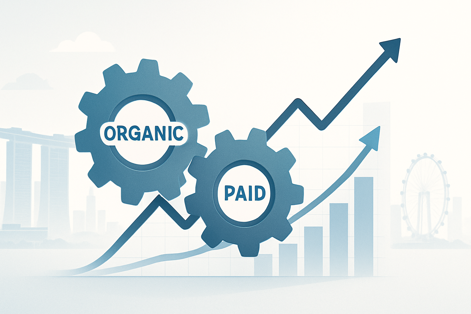 Illustration of SEO and SEM working together as connected gears driving traffic growth