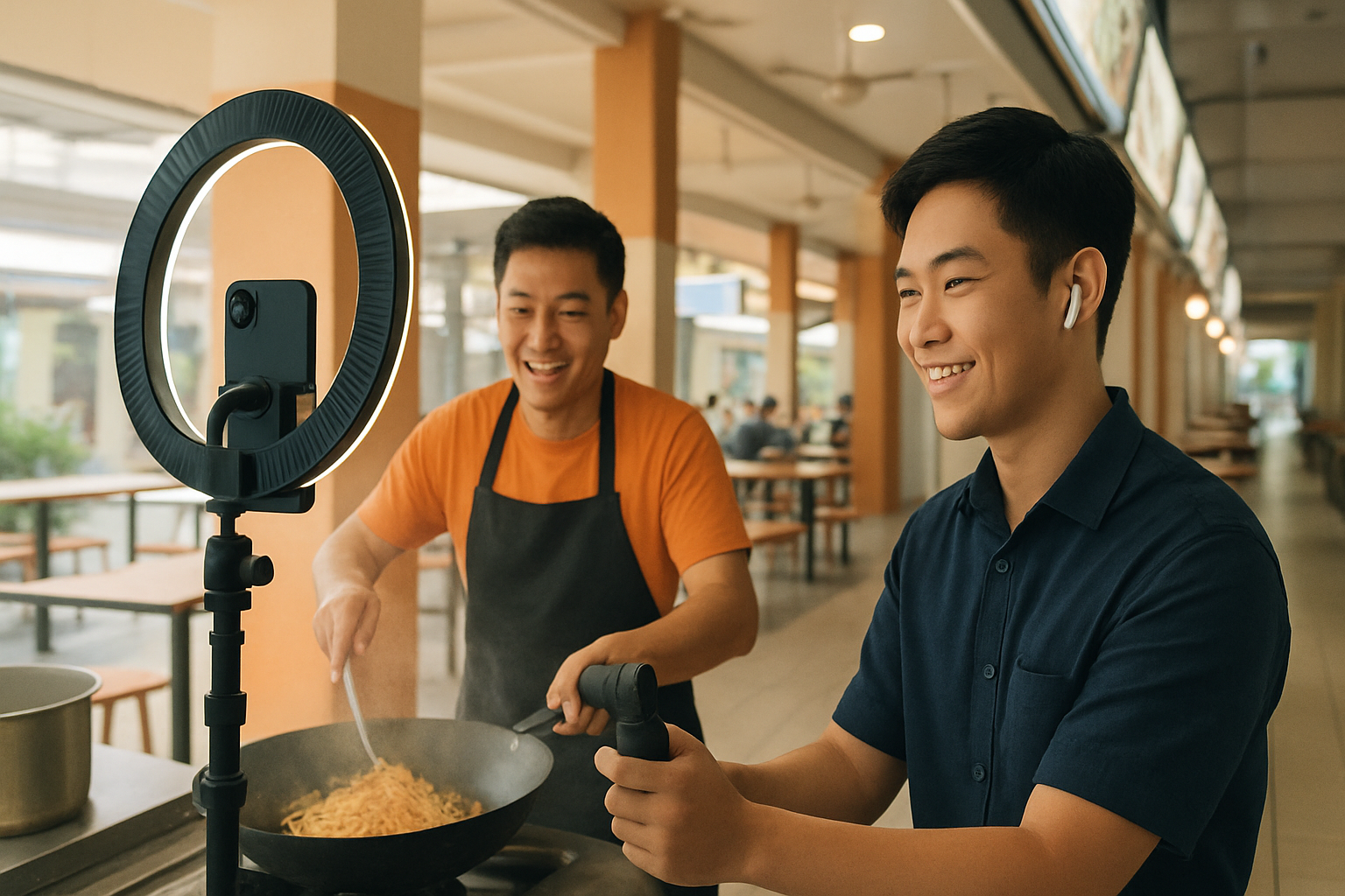 Local creator filming vertical TikTok video content at a Singapore hawker centre