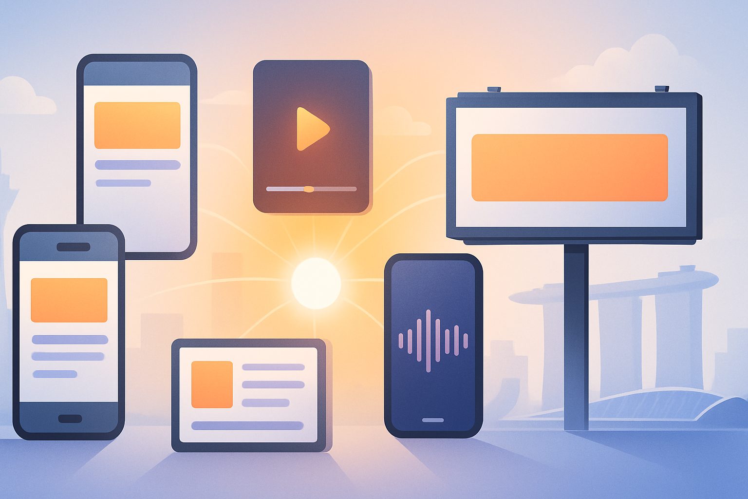 Montage of programmatic ad formats including display, video, native, audio and digital out-of-home
