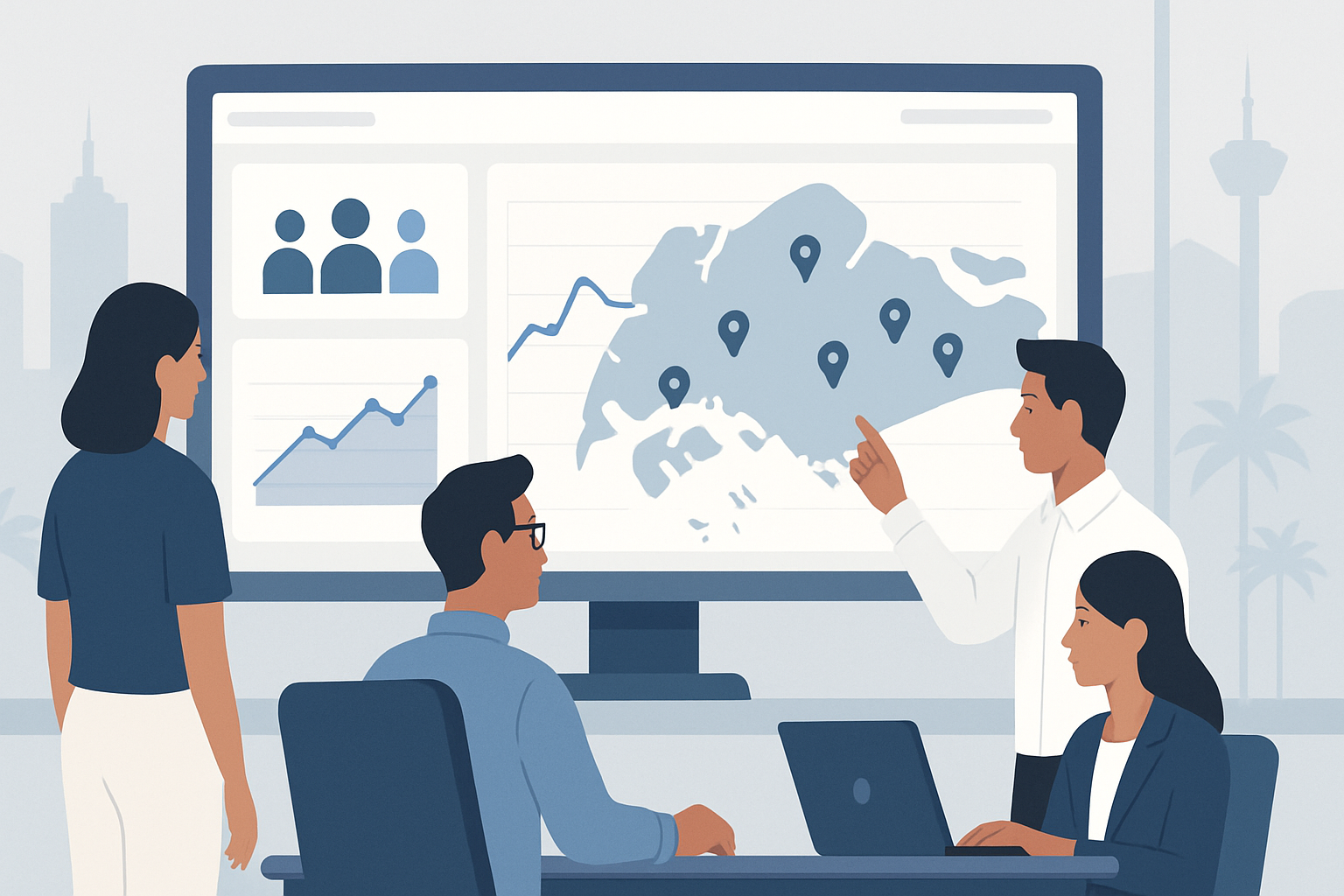 Programmatic advertising agency team in Singapore reviewing a campaign performance dashboard