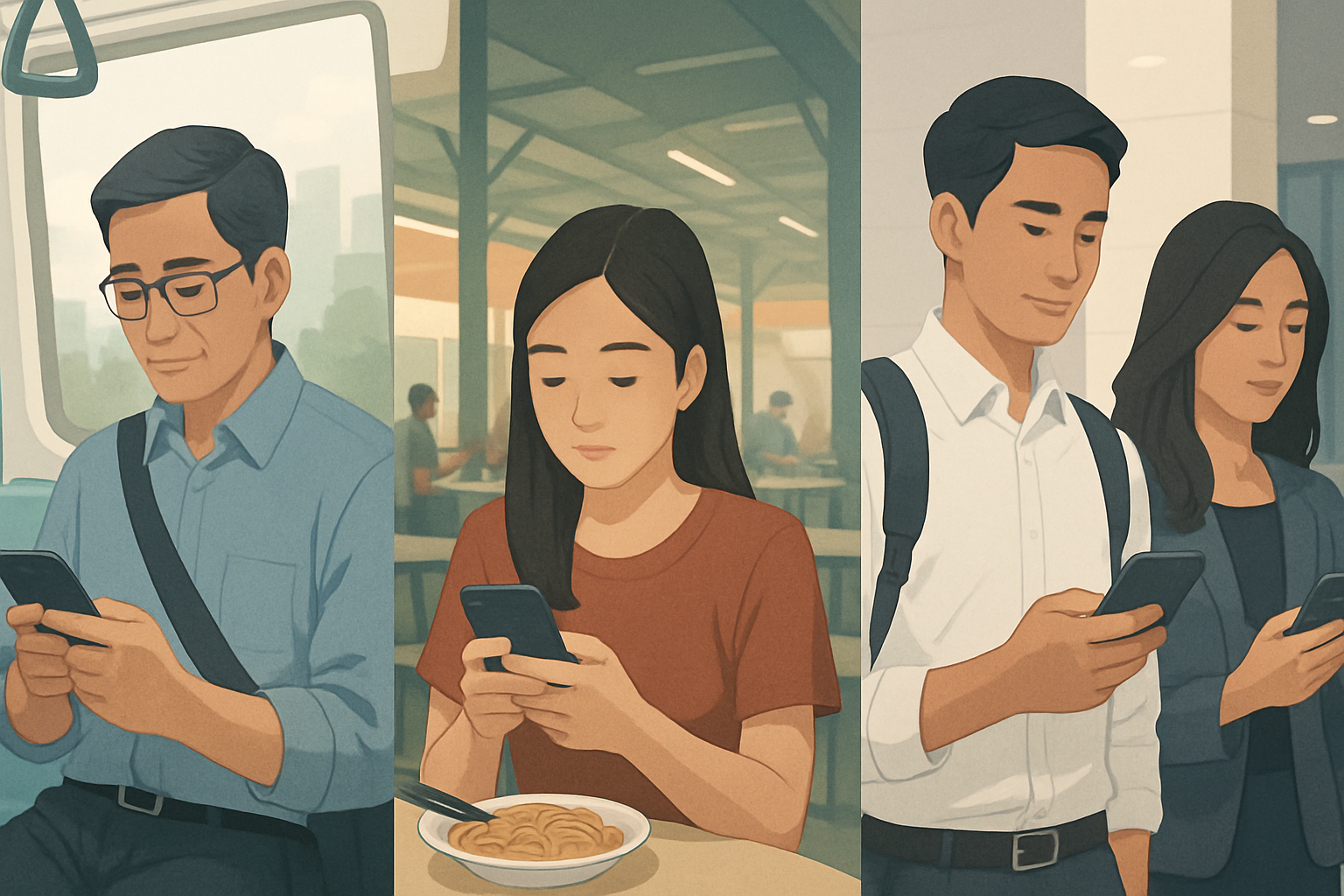 Singapore consumers browsing social media on smartphones in daily life
