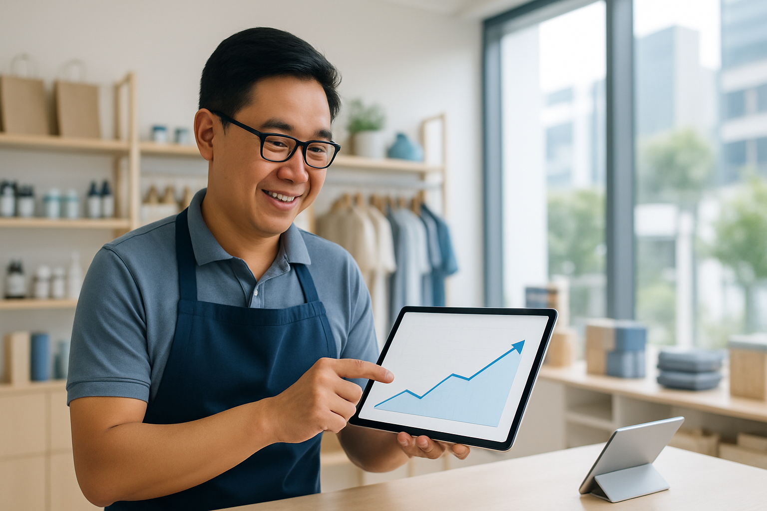 Singapore SME owner reviewing SEO growth results on a tablet