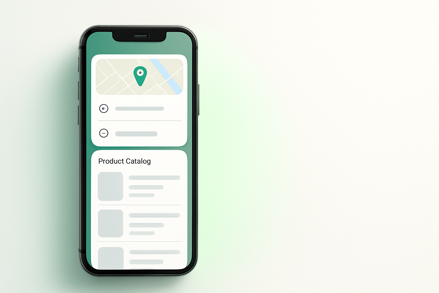 Smartphone displaying a WhatsApp in-app business page with hours, location and product catalogue