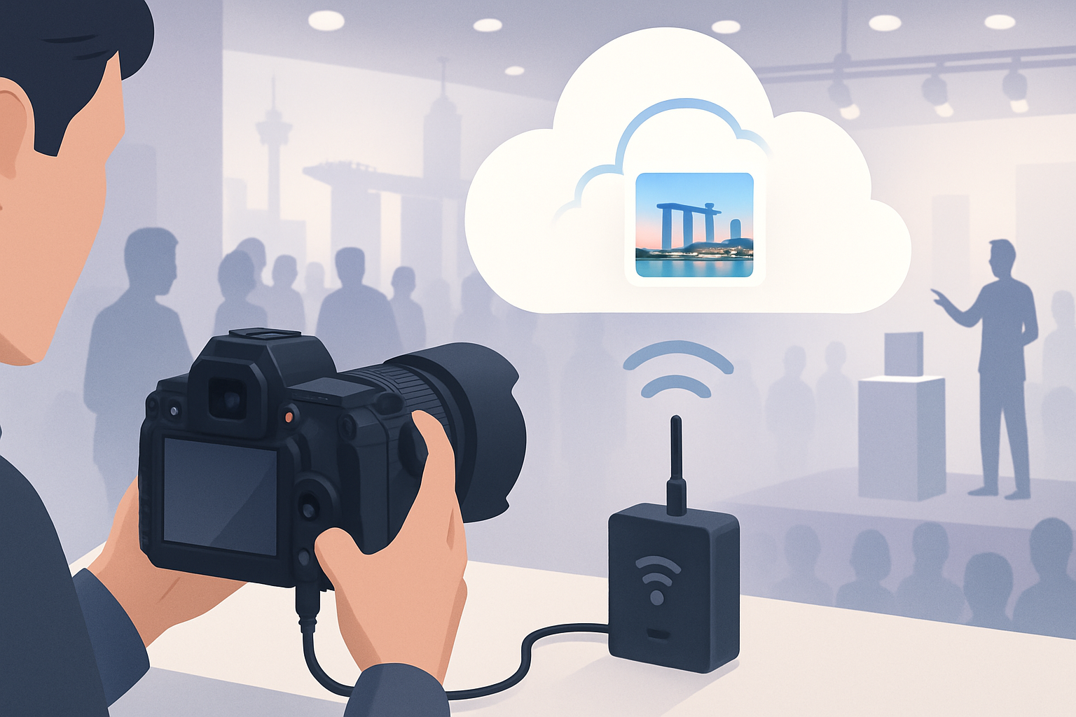 Tethered event camera uploading photos to an AI cloud platform at a Singapore launch event